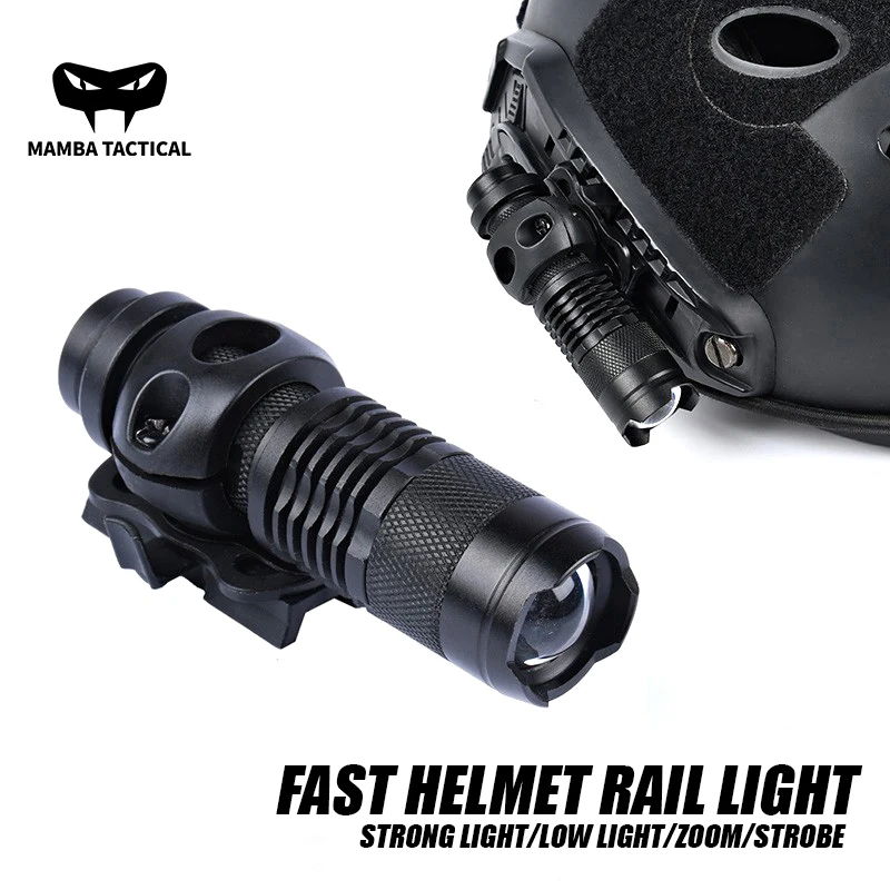 Tactical Metal Mini Momentary Flashlight Telescopic Zoom Scout Hunting Light LED Strobe Aluminum Military Fast Helmet Clip Rail