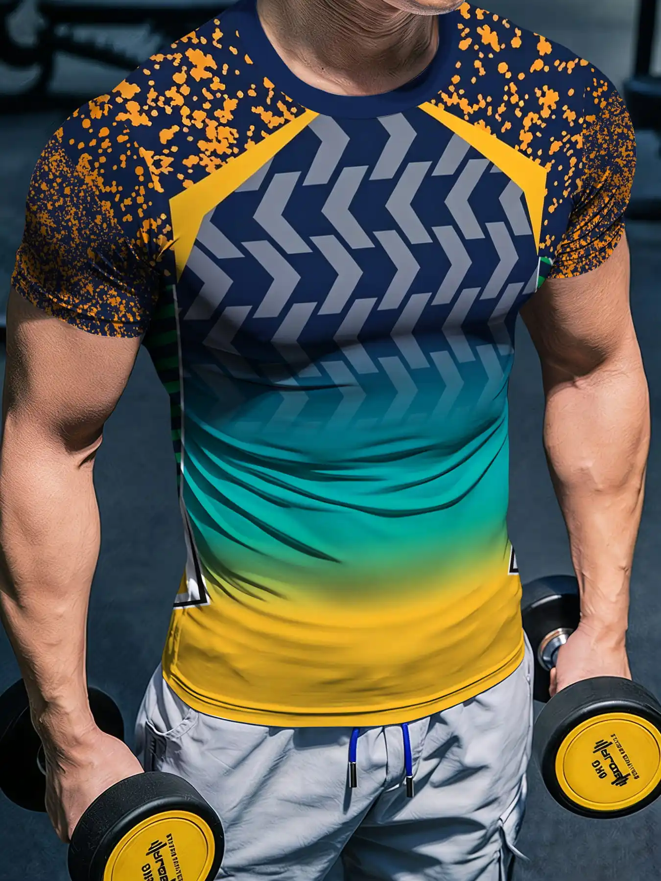 Men Gradient Arrow Print Compression T-shirt High Elastic Quick Dry Sports Gym Workout Short Sleeve Fitness Top