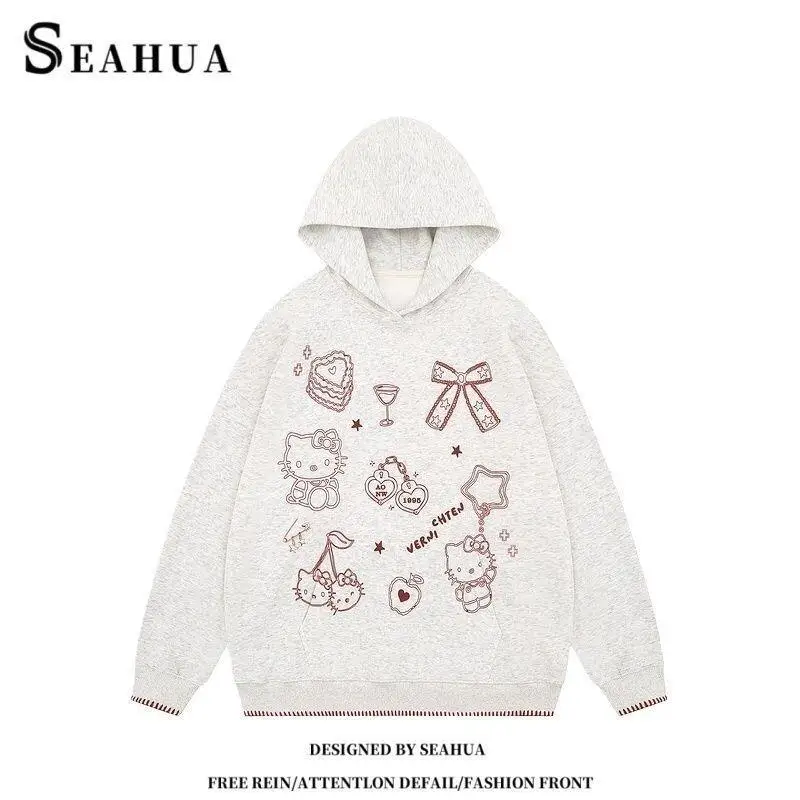 سانريو مرحبا كيتي الخريف والشتاء الحد من العمر سترة فضفاضة Kawaii أنيمي موضة عادية مقنع البلوز قطعتين مجموعة امرأة