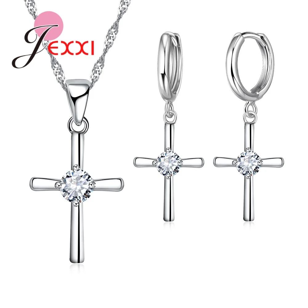 Genuine 925 Sterling Silver Geometric Cubic Zircon Pendant Necklace Earrings Set for Women Girls Wedding Party Jewelry Gifts