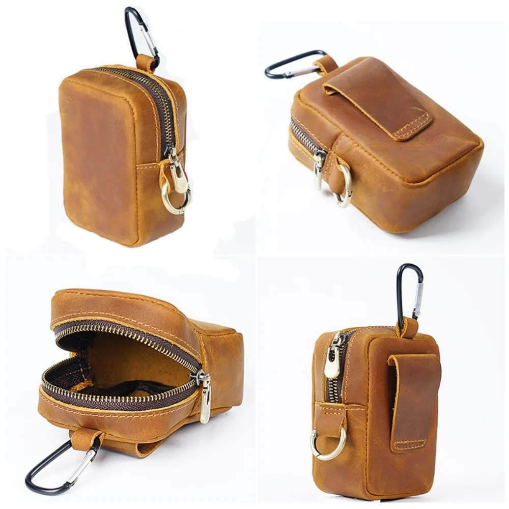 Mini Leather Waist Pack Zipper Key Holder Waterproof Keychain Pouch Hook Design Solid Color Small Coin Purse Men's Accessories