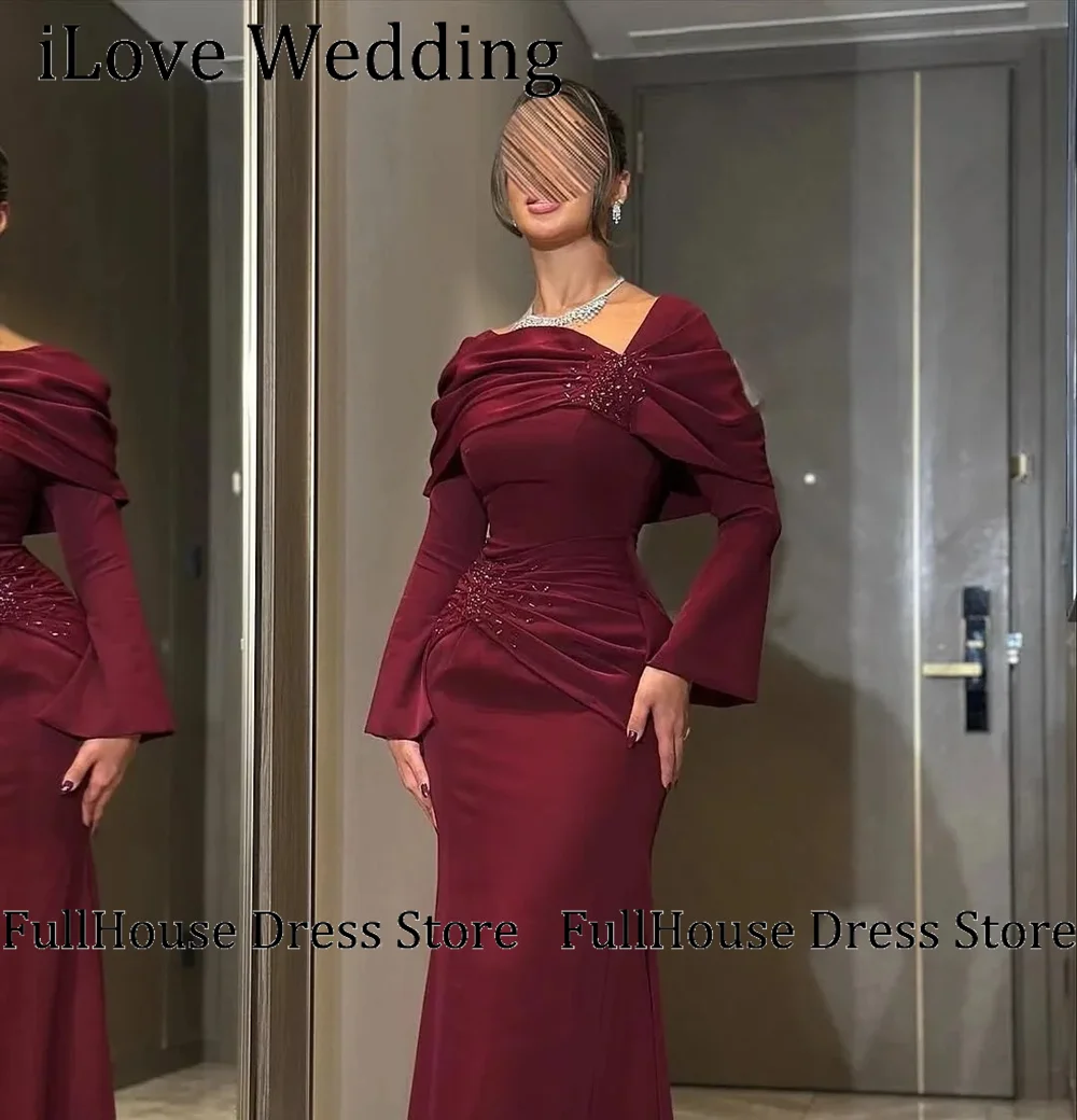 ชุดราตรีออกงานแบบสั่งตัดพิเศษ ทรงเปิดไหล่ จับจีบ แขนยาว ยาวกรอมพื้น เปิดหลัง สไตล์ซาอุดิอาระเบีย ประดับลูกปัด