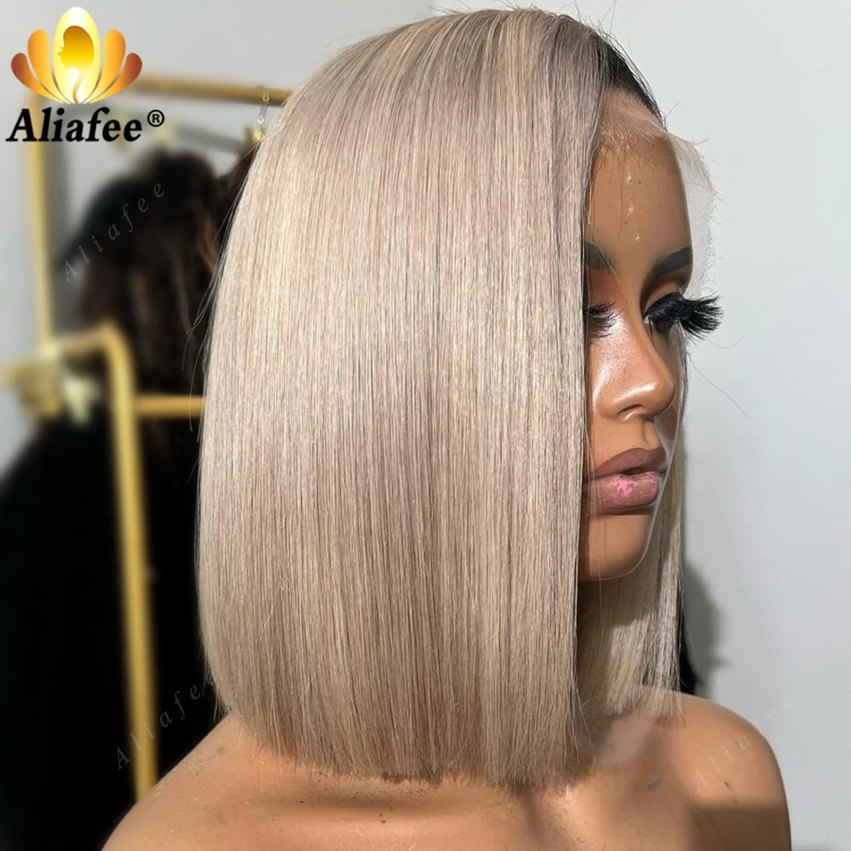 Ash Blonde Color Transparent 180% Density Full 13X4 Lace Frontal Wig Human Hair Blonde Short Bob Human Hair Wig for Women