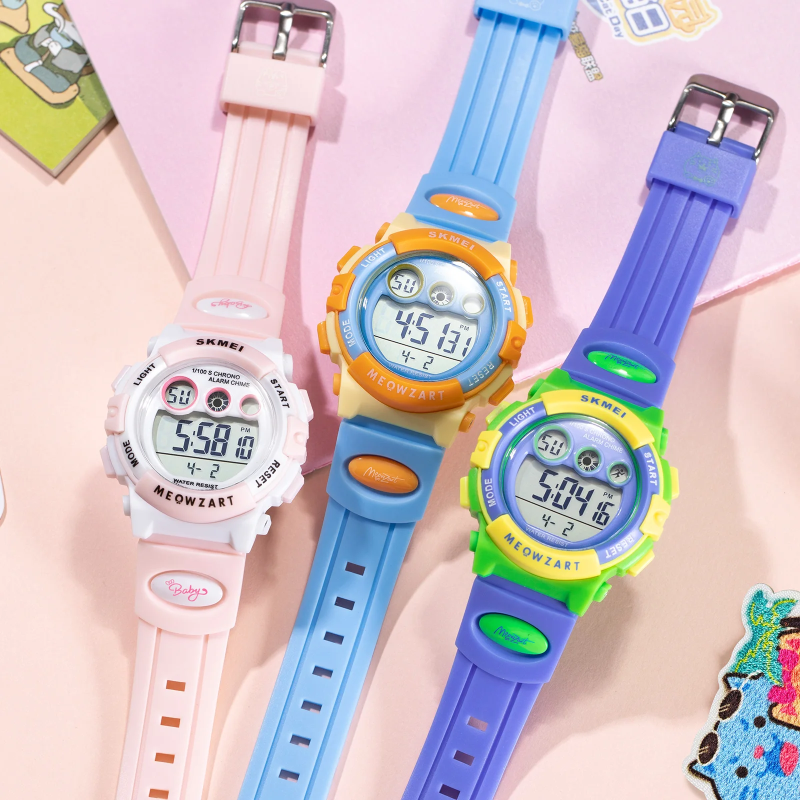 SKMEI 7803 Wristwatch MEOWZART Co-branded Kid Watch Youth Student Clock 5ATM Waterproof Stopwatch Alarm Date For Route Activity