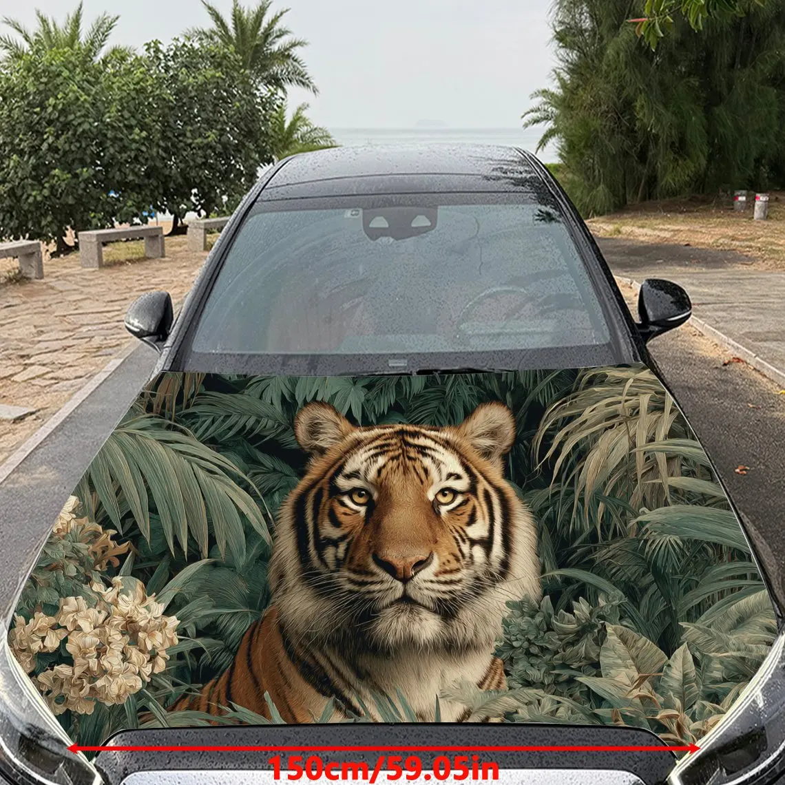 Car Decal Tiger with Lush Tropical Foliage & White Flowers Artistic Background & Ferocious-Natural Elegance Aesthetic Car Hood S