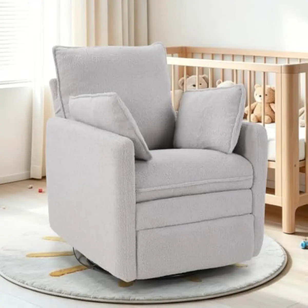 Swivel Rocker Recliner with Teddy Fleece Upholstery, 360° Rotation and 30° Rocking Motion, High-Density Foam Cushioning, Two Det