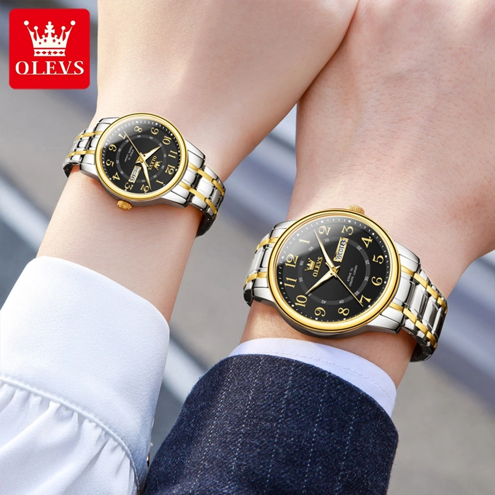 OLEVS Luxury Quartz Watches Fashion Stainless Steel Couple Watch For Women and Men Waterproof Luminous Week Date Wristwatches