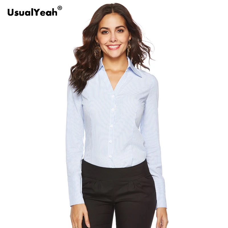 Office Wear Women Long Sleeve Body Shirts & Blouses Turn Down Collar with Elastic Mesh Panty Striped White Blue S-4XL