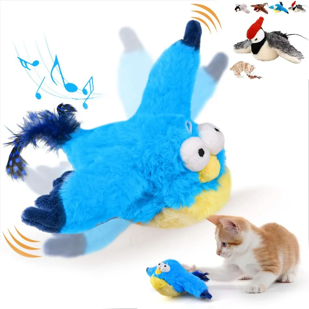 Electronic Flapping Plush Bird Sparrow Cat Toy Hangable Vivid Chirping Interactive Flying Bird Cat Toys Touch-Activated USB