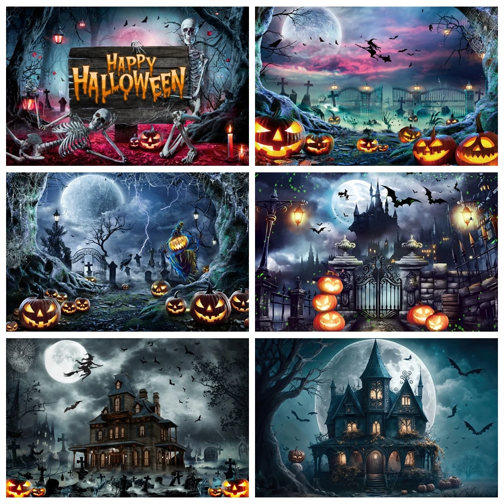 

Happy Halloween Backdrop Horror Moon Night Cemetery Scary Castle Forest Kids Birthday Party Portrait Photography Background Prop