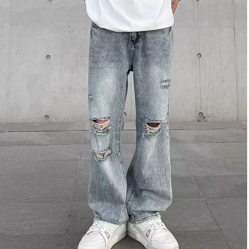 Ripped Jeans for Men2024New Trendy Pu Handsome Wide-Leg Pants Summer Thin Fashion Loose Straight Pants