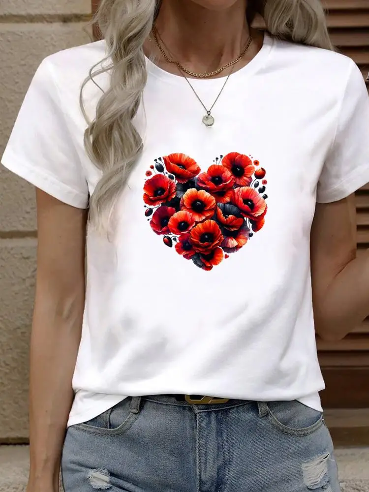 

Clothes Casual T Print Tees Ladies Popular Clothing O-neck Women Sweet Flower Cute 90s Fashion Graphic Short Sleeve T-shirts