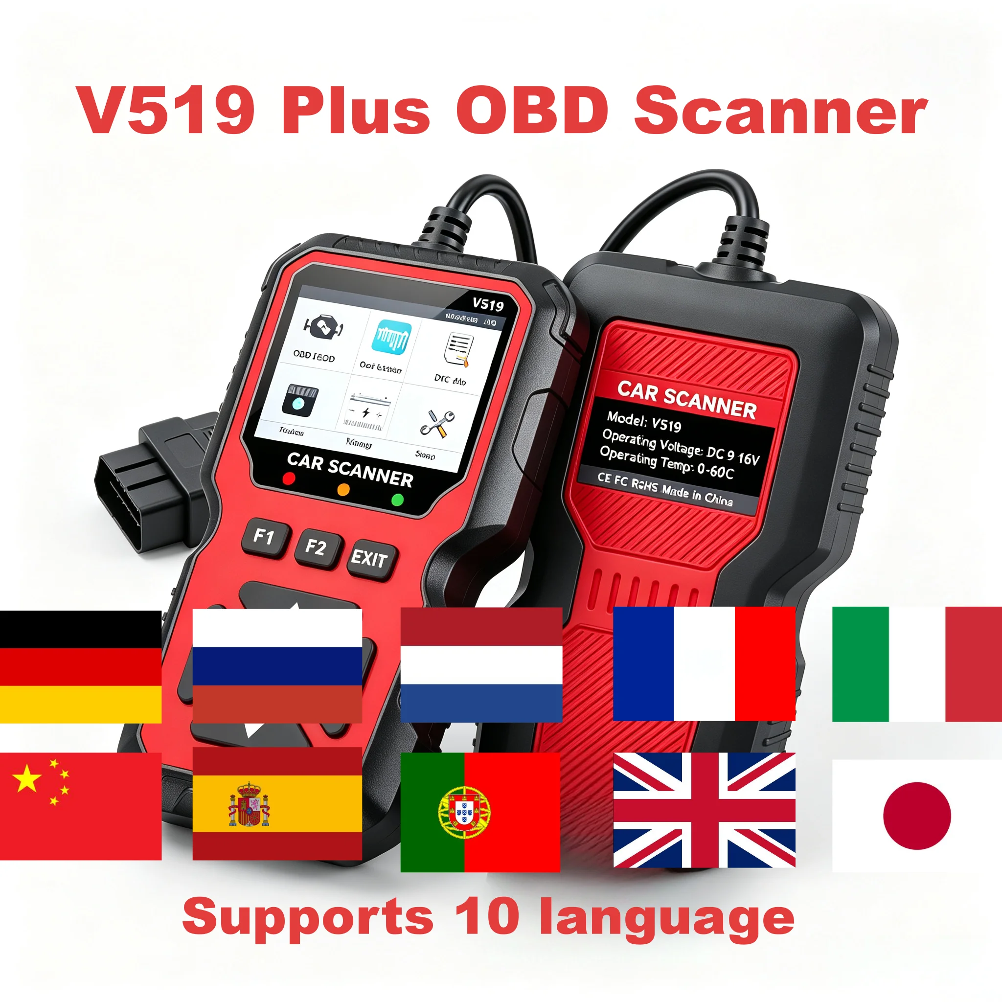 v519-plusプロフェッショナルobdiiスキャナー自動車診断ツール滑り止めリアルタイムデータストリームエンジン故障コードスキャナー