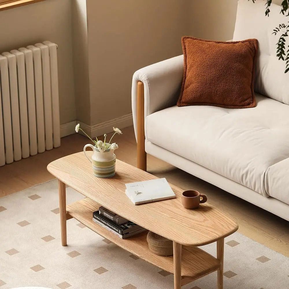 

Журнальный столик из 100% массива дерева, современный кофейный столик с 2-уровневыми полками для хранения для гостиной и небольших помещений