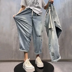 Plus Size 6XL 140kg Summer Thin Denim Pants Women Elastic Waist Solid Color Wide Leg Pants Woman Loose Hole Trousers