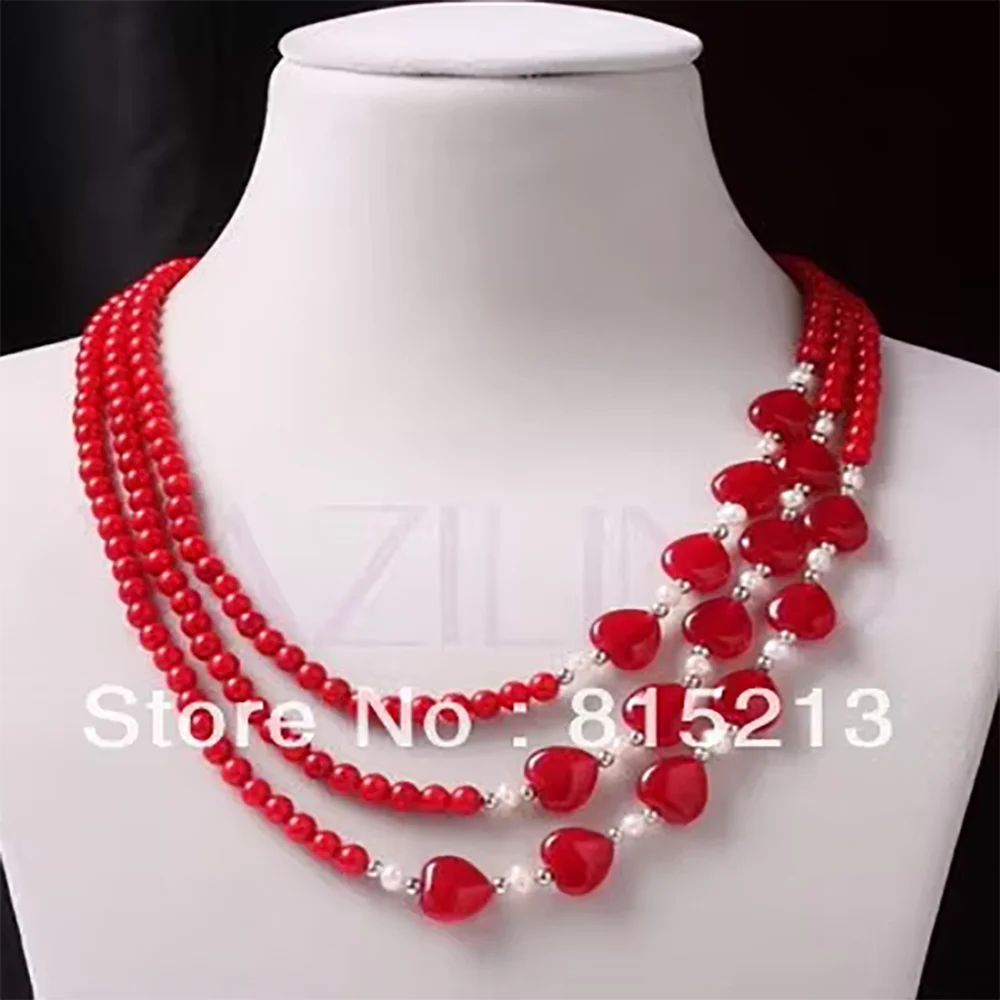 

N47 red coral ball stine heart white 6mm pearl strand 16" collar necklace