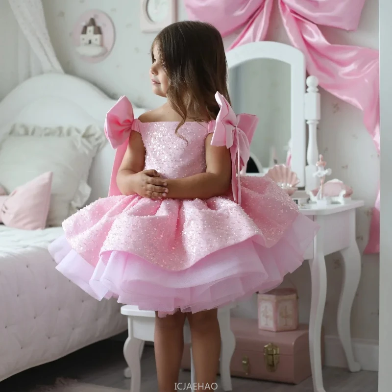Party Dress 2025 Children Lovely Pink Flower Girl for Wedding Sequins Beading with Bow Kids Birthday First Communion Ball Gowns