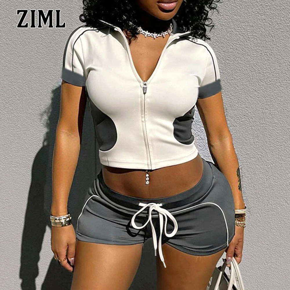 

ZIML Hit Color Утягивающие комплекты из двух предметов для женщин Топ с короткими рукавами и лацканами с высокой талией Шорты на шнуровке Повседневный комплект Женский новый