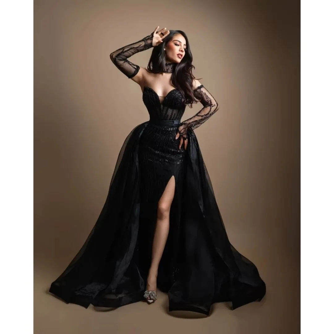 Black Sweetheart Neck Ball Gown Prom Dress High Side Split vestidos de noche Sequinned Appliques Formal Evening