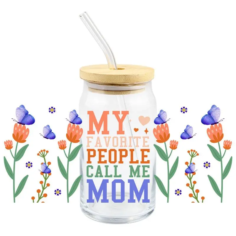 Mother's Day UV DTF Wrap Transfer Stickers Cartoon Butterfly Design Waterproof Wrap For Bottles Decal Custom Logo