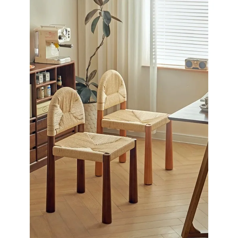 Vintage Solid Wood Rattan Dining Chair Home Designer Medieval Style Single Bed and Breakfast Rope Backrest Chair