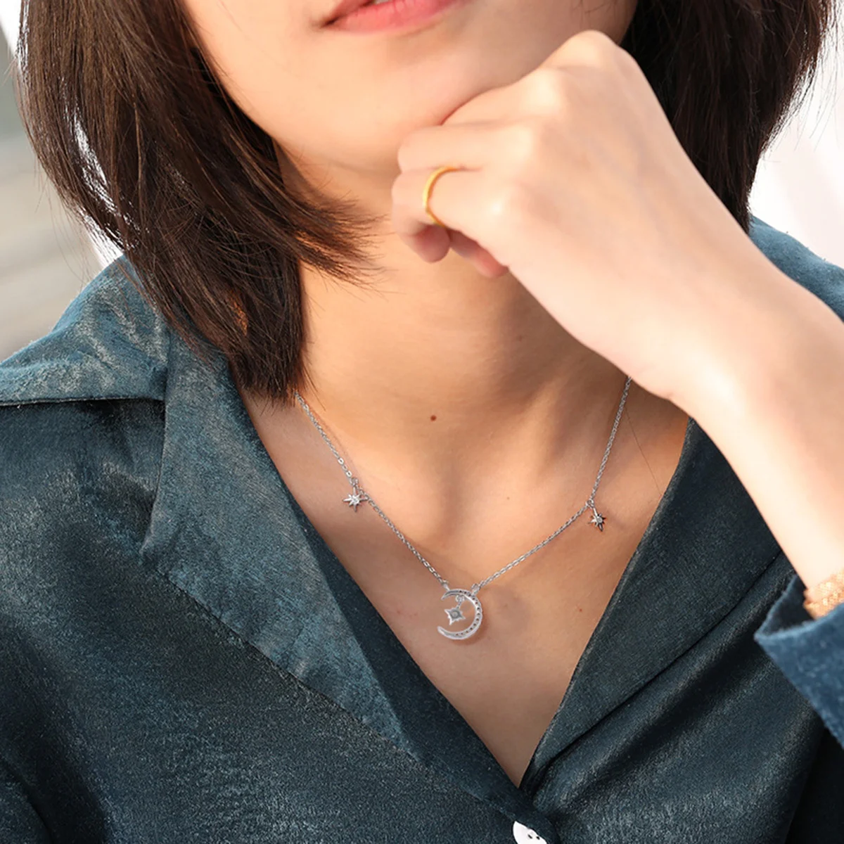 

Silver Moon Star Designed Necklace Clavicle Chain Fashion Neck Pendant Creative Jewelry Daily Wedding Clavicle Chain Necklace