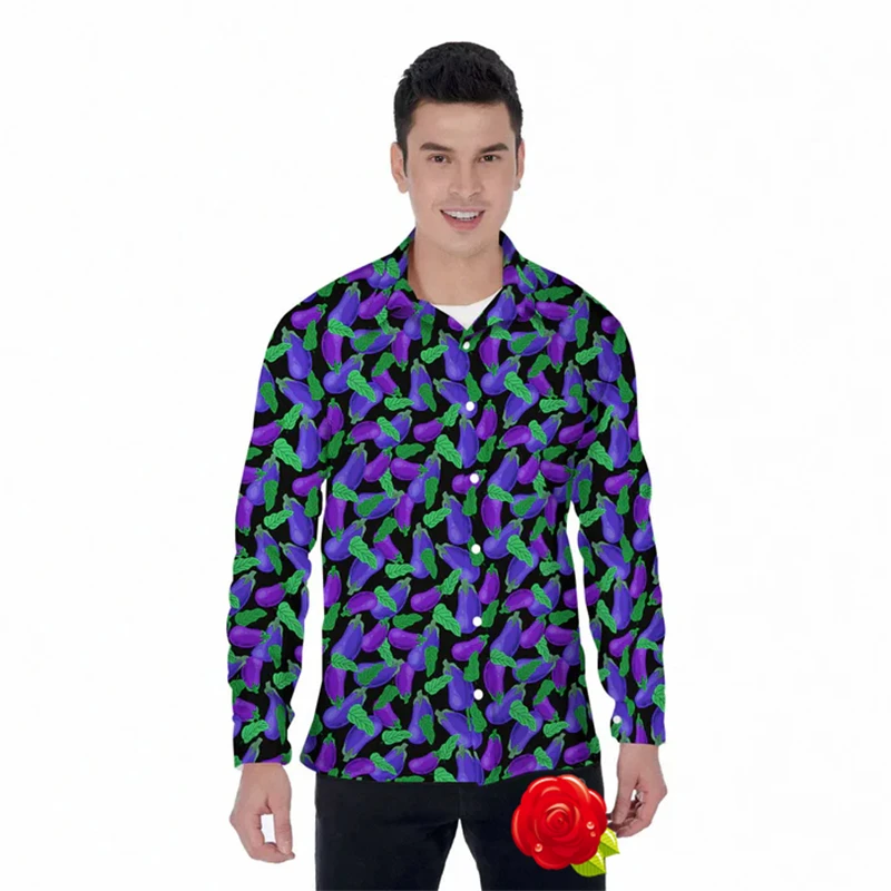 

Funny Eggplant 3D Printed Long Sleeve Shirts For Men Clothes Casual Farm Man Button Clothing Vegetable Unisex Lapel Blouse Tops