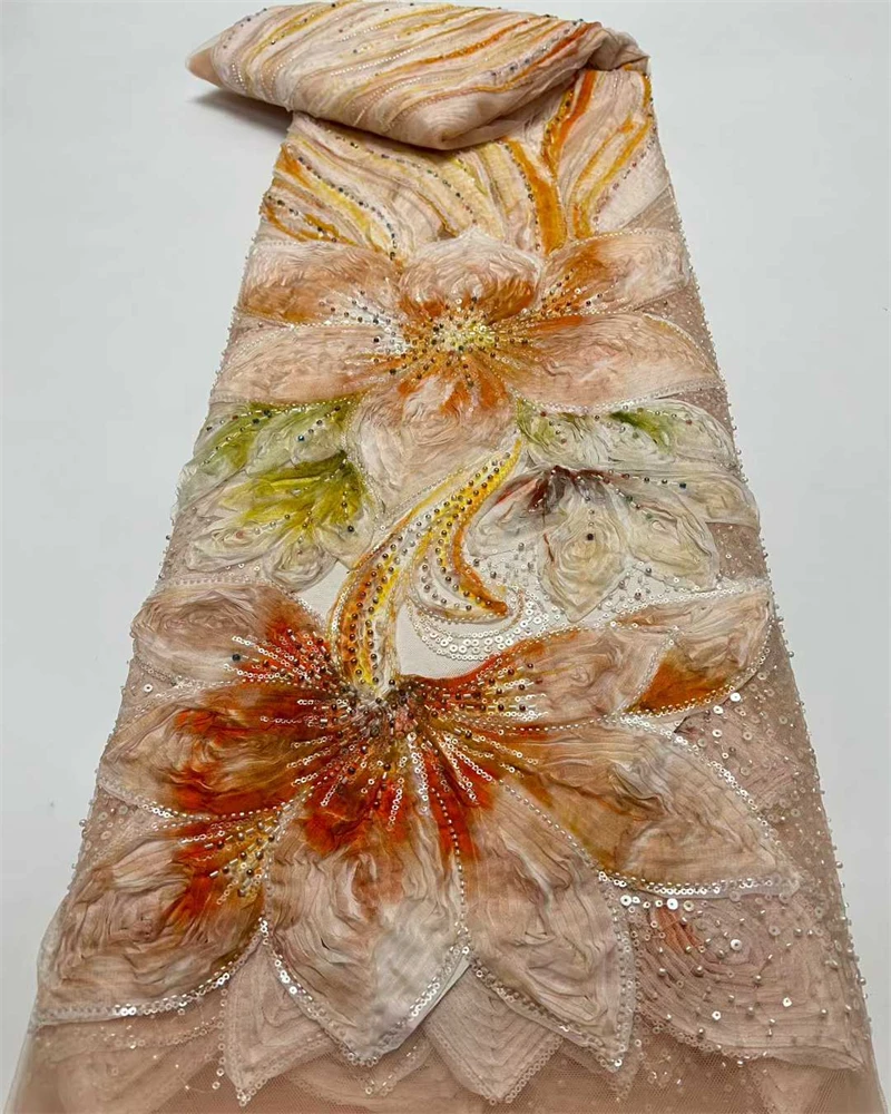

High Quality African Sequins Beaded Lace Fabric 2026 French Nigerian Style Embroidery for Wedding Dresses