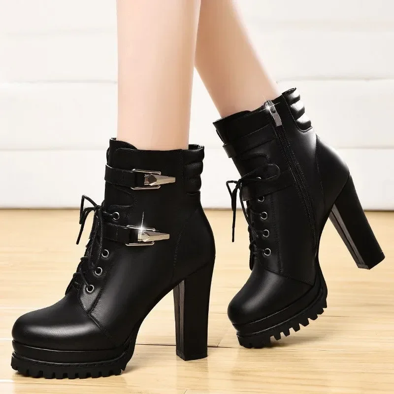 

Chunky Heel Platform Ankle Boots Women 2024 Winter Waterproof Warm Leather PU Lace-up High-heeled Women Boots Black Botas Mujer