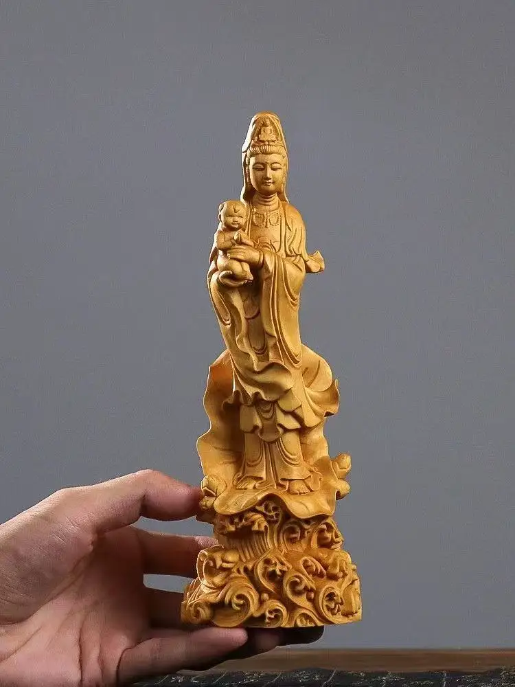 Cypress wood  Guanyin Statue with Baby, Chinese Kuan Yin Buddha Sculpture Home Altar Office Decor, Fertility Feng Shui Ornament