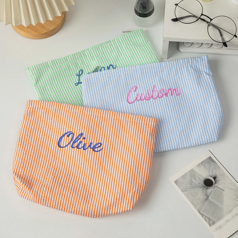 Customised Embroidery/Standard Style 2 Options, Bubble Gauze Striped Makeup Bag, Storage Pouch, Back-to-School Season image 4
