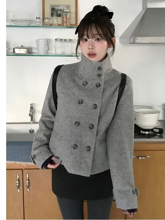 

Retro Suit Collar Double Breasted Woolen Coat ort Loose Versatile Youthful ort Outerwear for Women Commute Straight Tube