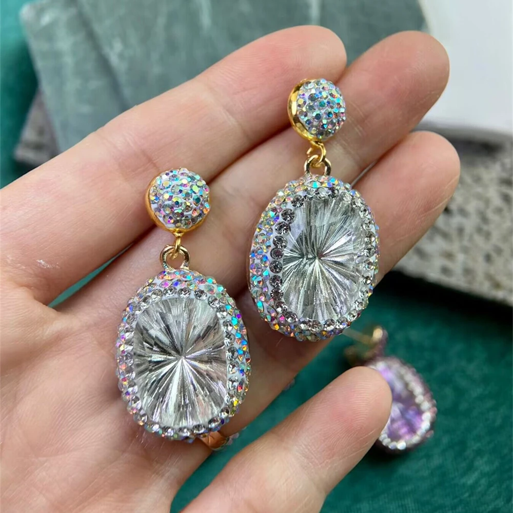 Fashion Large Purple Crystsal Dangle Earrings Cushion Cut Crystal Clay Rhinestone Crystal Jewelry for Women Party Wedding Golden