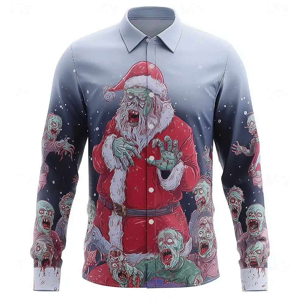 Stylish Horror Zombie Santa Allover Print Men Long Sleeve Turn-down Collar Button-Up Shirt Party Wear