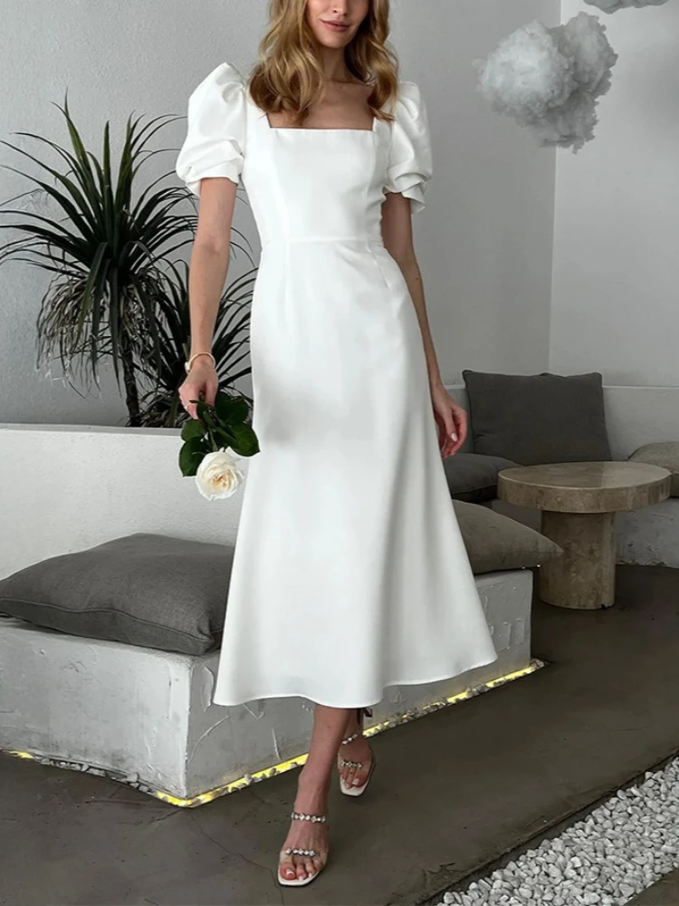 

Tsiisd Elegance U-Neck Dress For Women Puff Sleeve Solid Slim High-Waist Fashion Commuting Party Evening Dress Female Long Dress