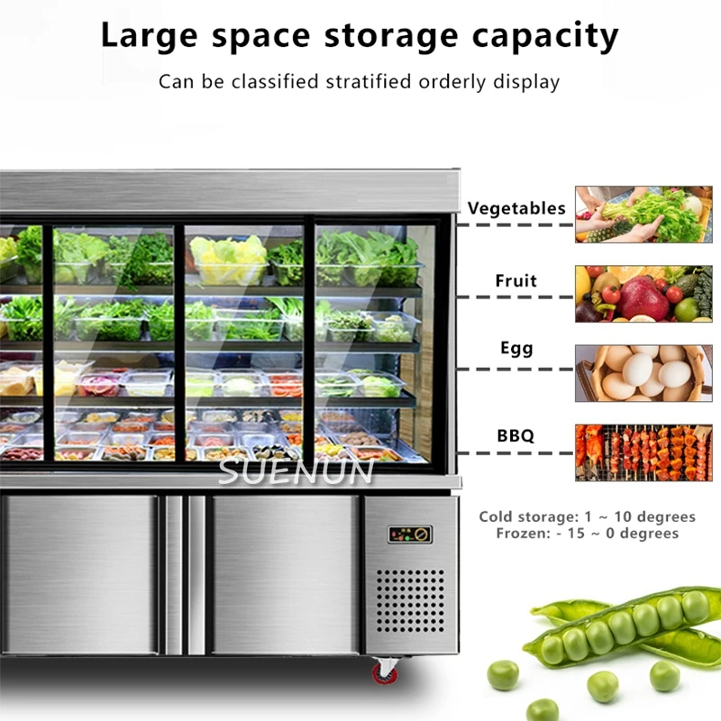 ตู้โชว์สินค้ากระจกตู้เย็นในเชิงพาณิชย์ของ Malatang ตู้ที่จัดเก็บในตู้เย็นแนวตั้งและสั่งซื้อตู้