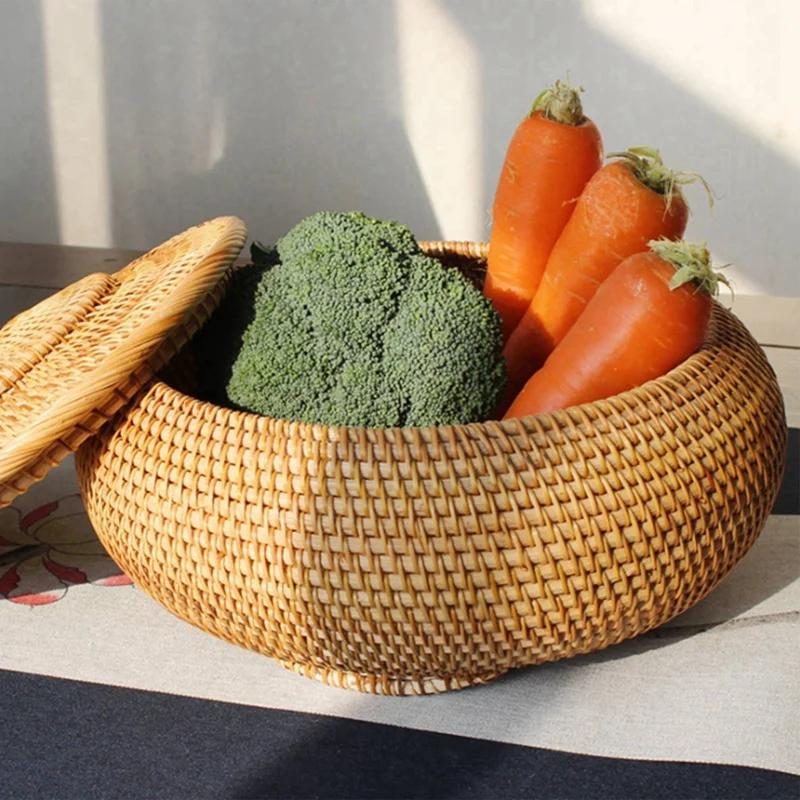 2X Round Rattan Box,Wicker Fruit Basket With Lid Bread Basket Tray Storage Basket Willow Woven Basket For Bread, Snack