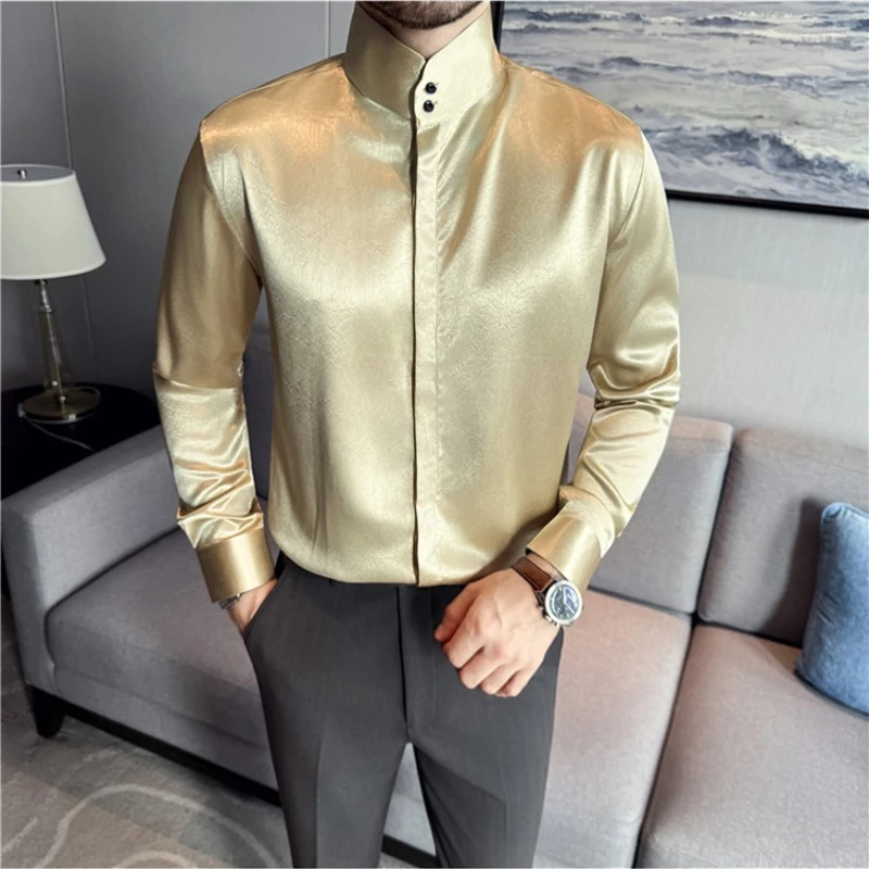 2025 Bright Satin Stand Up Collar Shirts for Men Long Sleeved Chinese Style High Collar Casual Shirt Business Social Dress Shirt