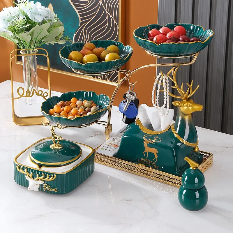 Creative Elk Deer Iron Ceramic Fruit Tray Storage Plate with Tissue Box Household Multi-layer Dry Fruit Tray for Christmas