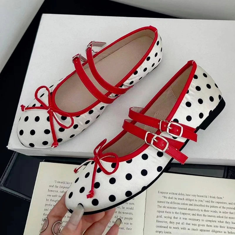 

Retro Red Polka Dot Mary Jane Shoes Women Fashion Narrow Band Buckle Bowknot Flat Sandals Women Comfortable Elegant Casual Shoes