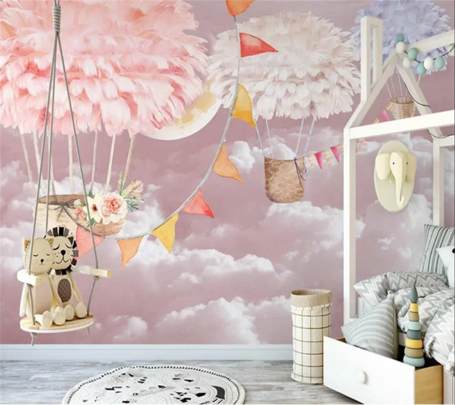 Custom mural modern Nordic hand-painted romantic hot air balloon pink starry children's room background wallpaper papier peint