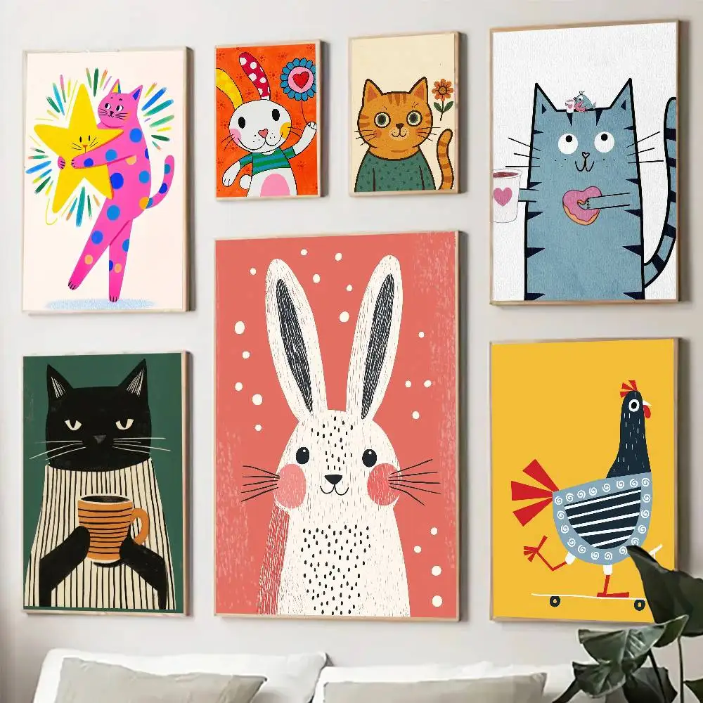 Leopard Rabbit Bear Tiger Mouse Rainbow Funny Posters Living Room Bar Cafe Quality Canvas Vintage Style Comics Painting Art Home