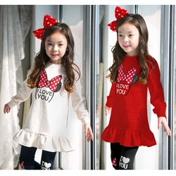 2024 New Spring Autumn Girls Clothing Set Cartoon Bow Cute Pure Cotton Suit For Kids shirt +  Leggings 2 Pcs Children Outfits