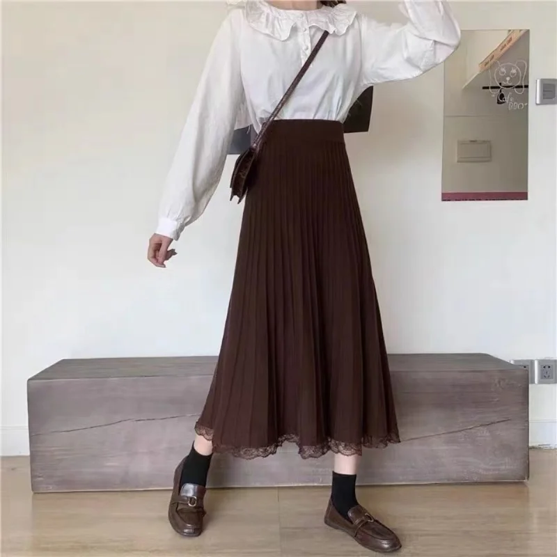 

Solid knitted skirt women medium long autumn and winter lace high waist bottomed a-line apricot umbrella skirt female tops