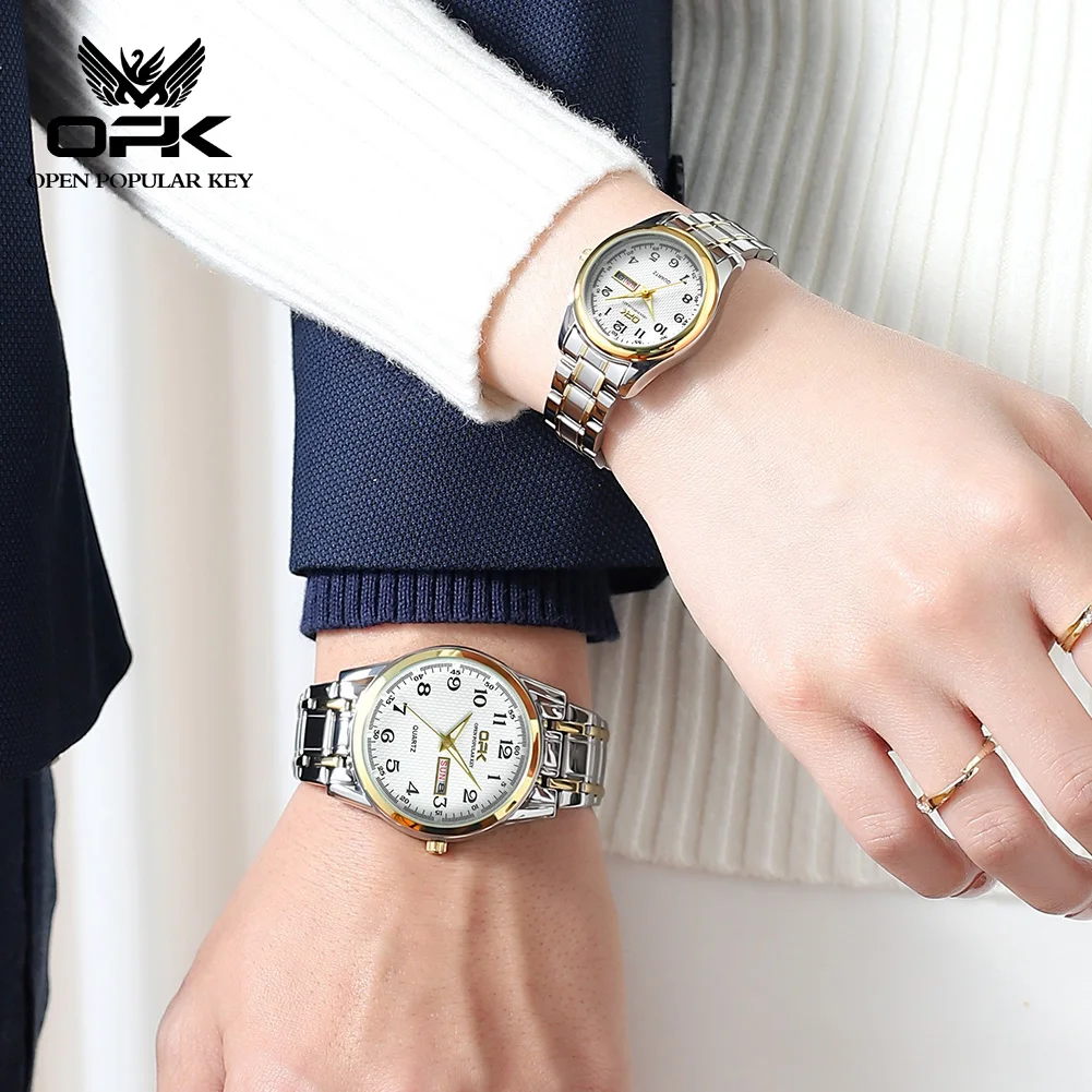 OPK 8110 Couple Watch Fashion Business Stainless Steel Waterproof Glow Double Calendar Quartz Watch Luxury Brand Watch