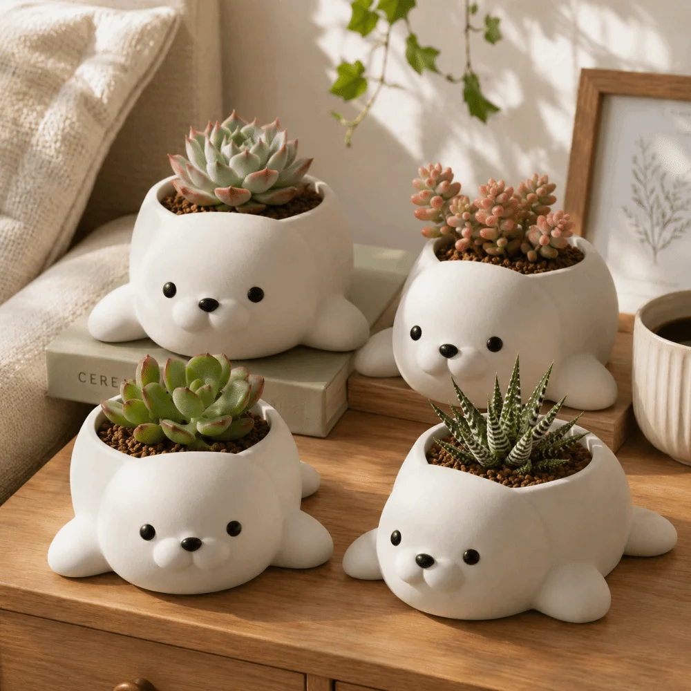 3D Printed Seal Flowerpot Storage Box Home Decor Desktop Ornaments Jewelry Holder Funny Potted Plant Containers Indoor