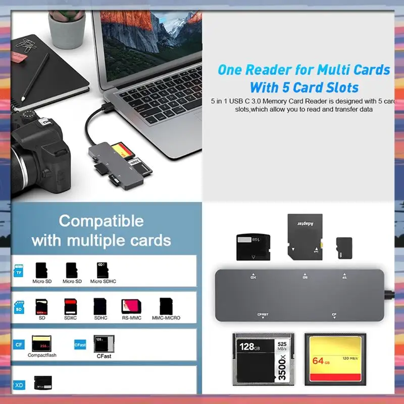 AC18 (гарантия) 5 в 1 устройство чтения карт памяти OTG адаптер поддерживает устройство чтения карт SD/TF/MS/CF/XD для компьютера, ПК, ноутбука, 1 шт.
