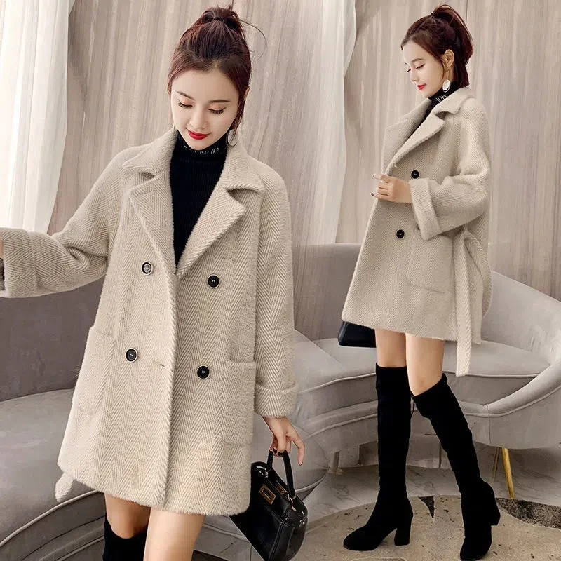 

2022 Autumn And Winter New Mink Fleece Woolen Coat Mid-Length Fashion Thick Hepburn Style Woolen Coat Lace-Up Jacket Suit Collar