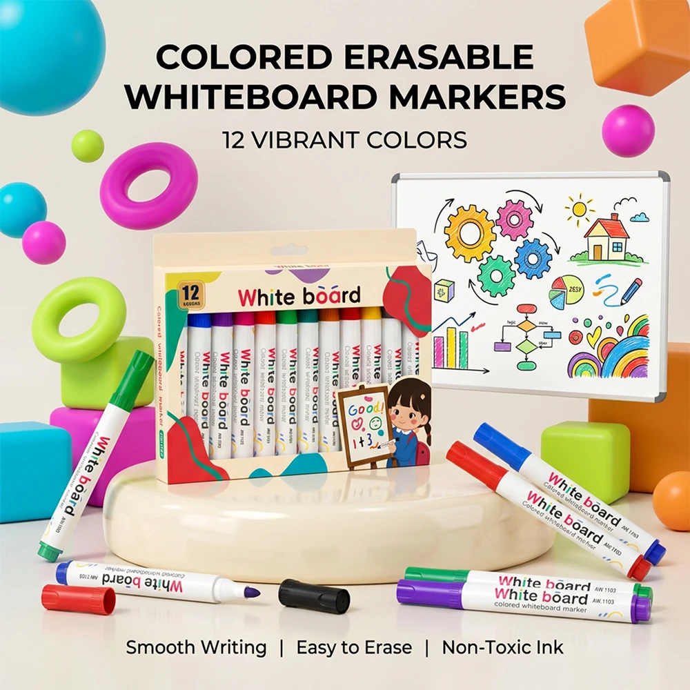 12 Colors White Board Marker Set Erasable Non toxic Teaching Pen Meeting DIY Graffiti Writing Drawing Office School Supplies
