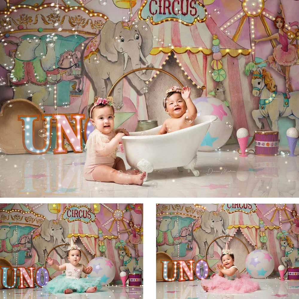 

Girl Birthday Circus Party Photography Background Pink Newborn Baby Shower Decoration Backdrop Carousel Carnival Holiday Banner